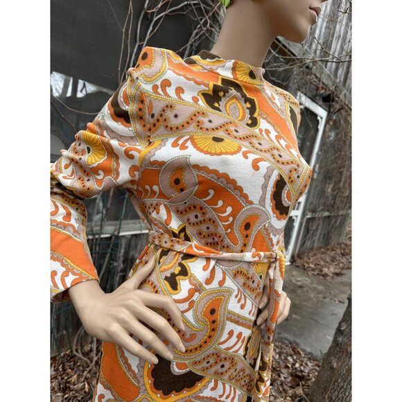 60s Groovy Print Knit Belted Shirt Dress 100% Virgin Wool Long Sleeve Orange Yel - Picture 5 of 16